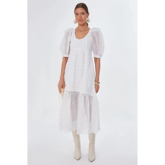SEA NY White Eyelet Puff Sleeve Smocked Midi Dress - Picture 1 of 7